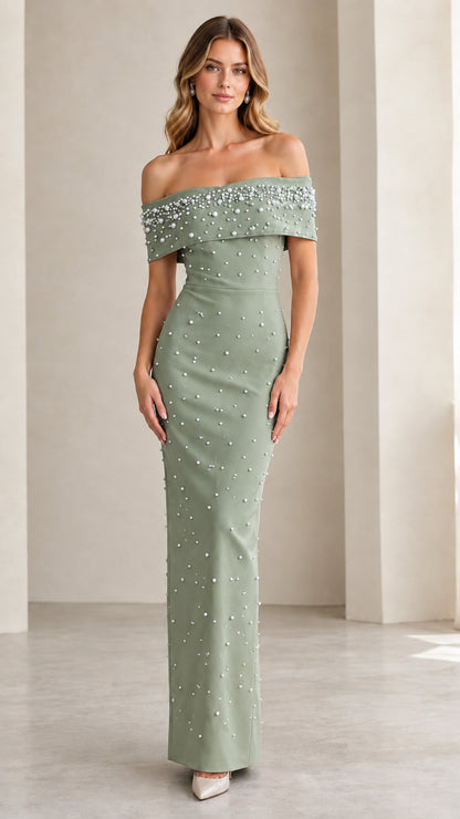 Full-length view of Sage Green pearl embellished off-the-shoulder column maxi dress