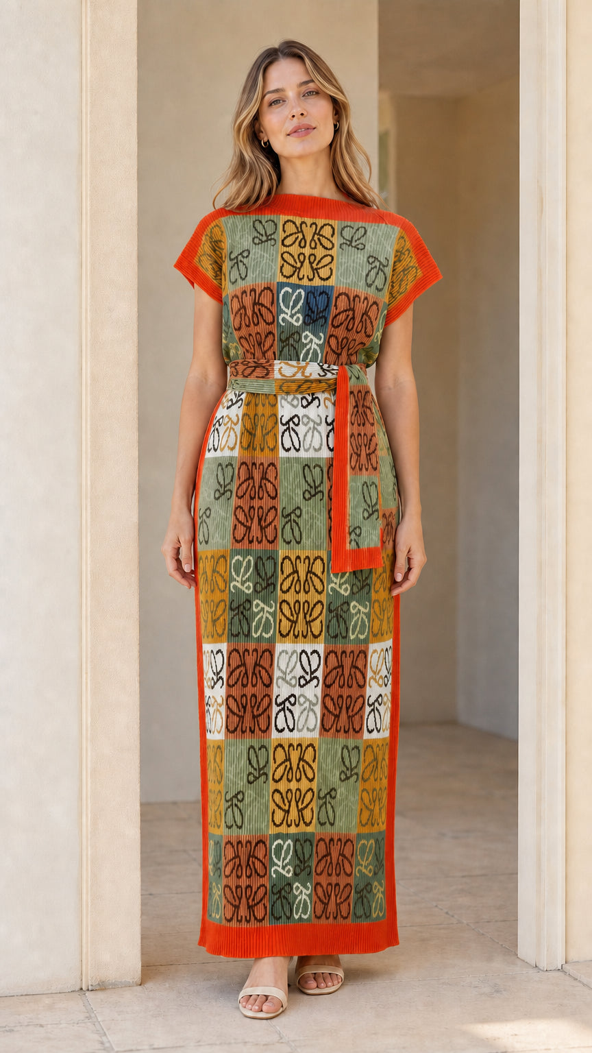 Model wearing geometric jacquard knit column maxi dress in Sage Green Multi