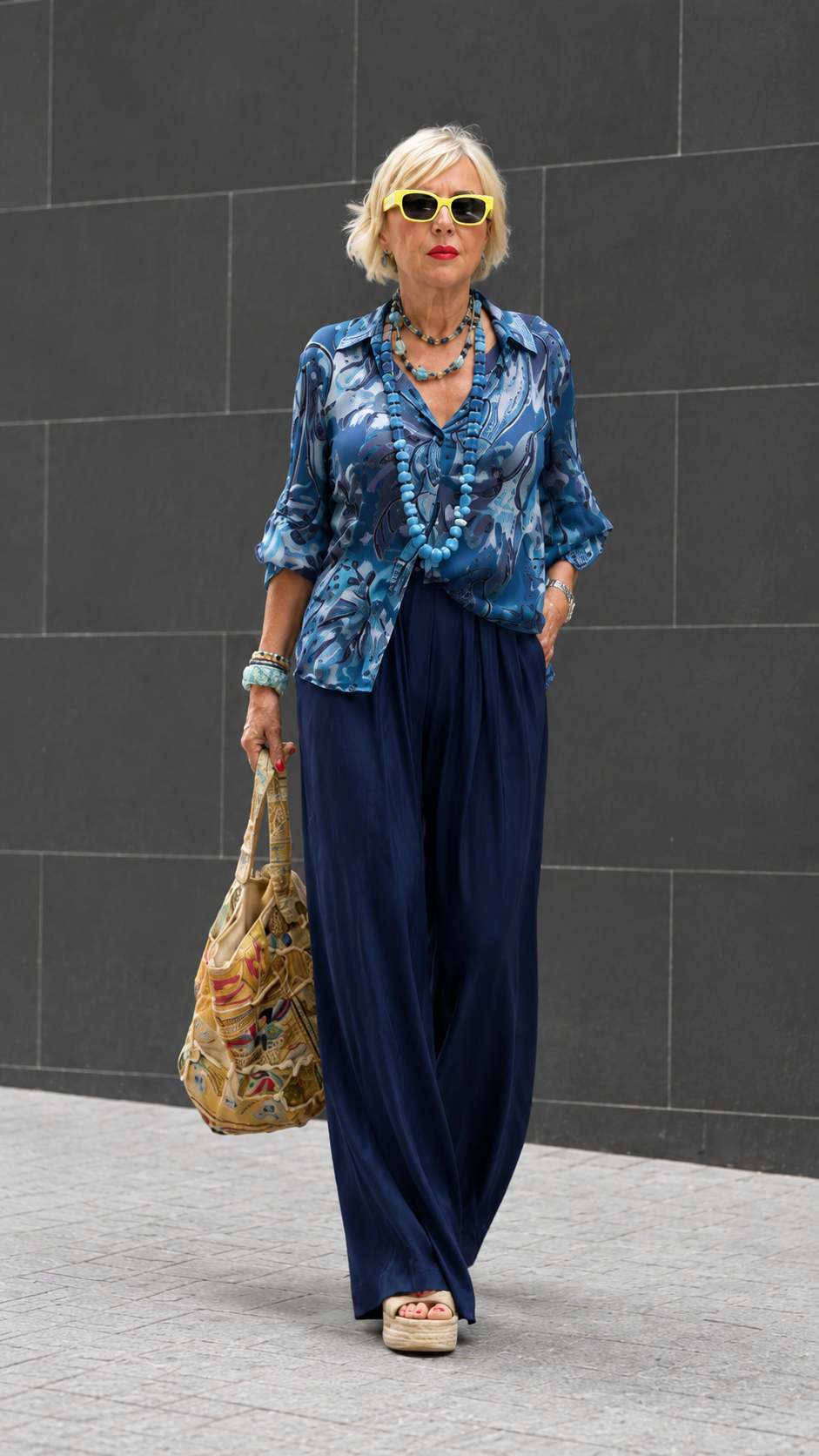 Front view of blue printed blouse with matching wide-leg pants set