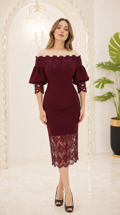 Front view of woman wearing Burgundy embroidered illusion sheath dress