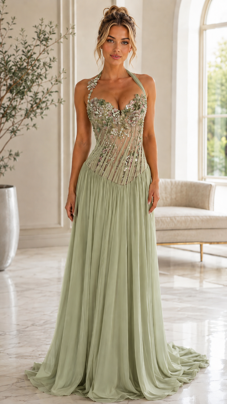 Front view of sage floral appliqué halter evening gown with structured bodice