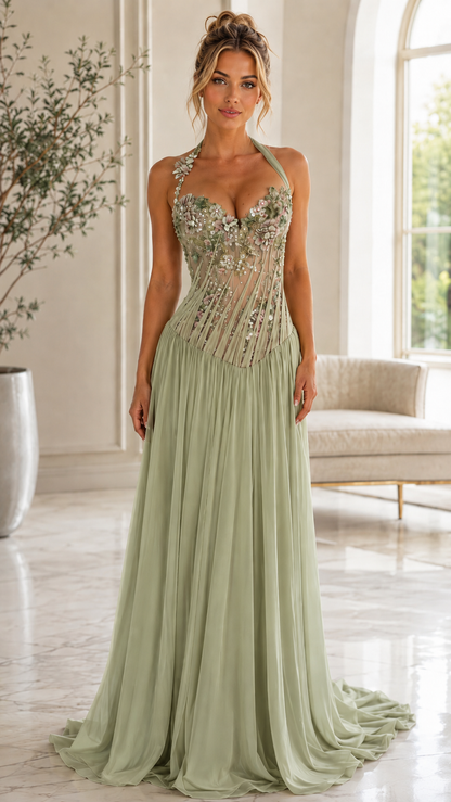 Front view of sage floral appliqué halter evening gown with structured bodice