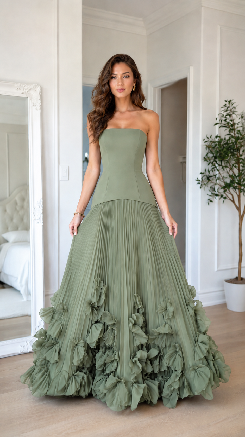 Front view of sage green strapless pleated gown with textured oversized hem