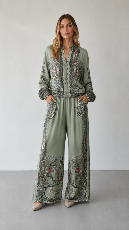 Front view of sage green paisley print matching set with long sleeves and draped pants