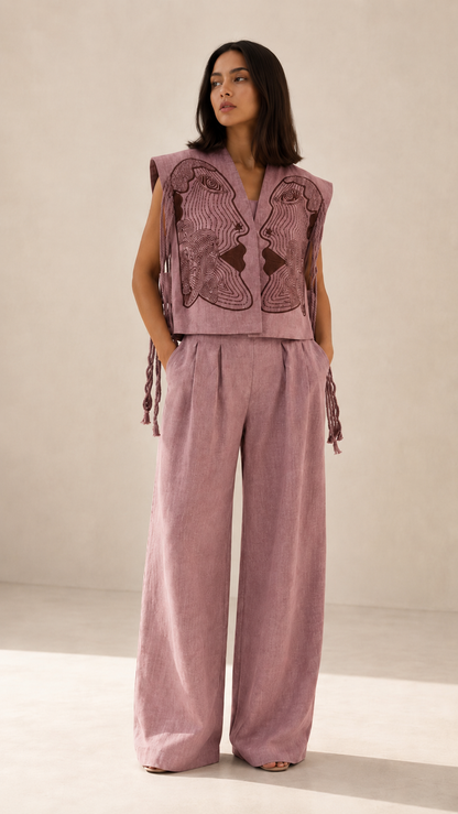 Dusty rose embroidered sleeveless vest and wide leg pants set