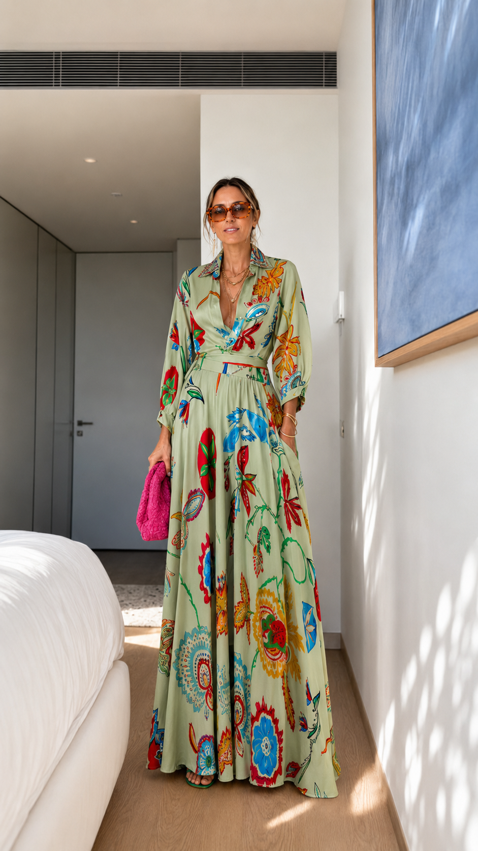 Front view of sage green printed maxi dress with shirt collar and flowing silhouette