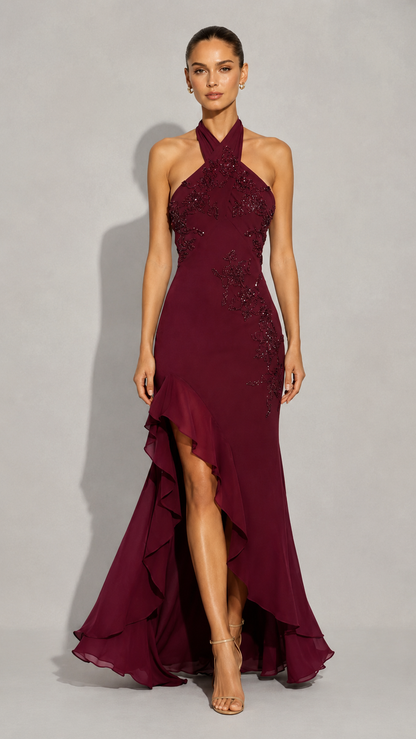 Burgundy embellished halter high-low evening gown front view