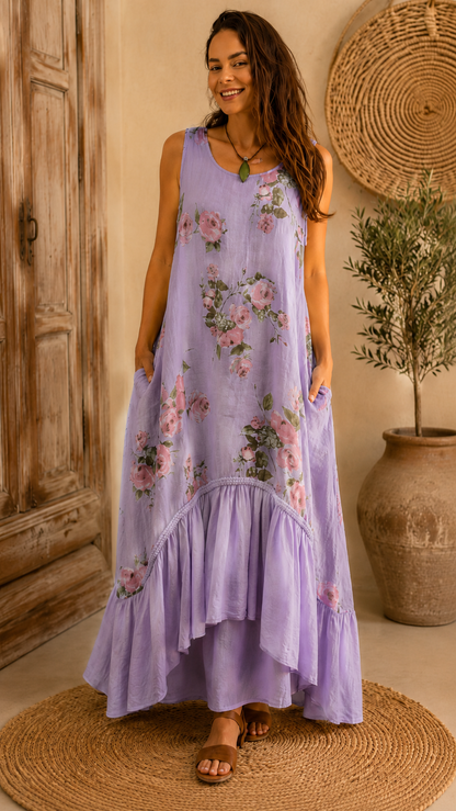 Front view of lavender floral sleeveless maxi dress with draped hem