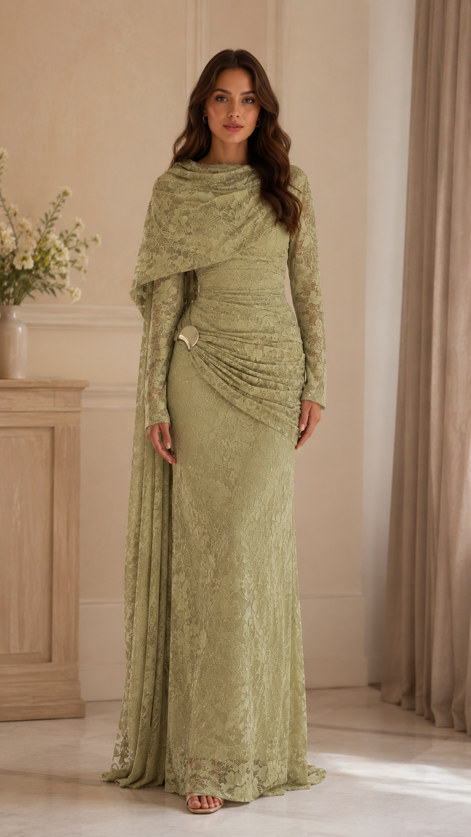 Front view of sage lace floor-length gown with fitted shape and wrap-style ruching