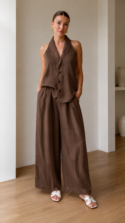 Chocolate brown halter vest and wide leg pants matching set shown full length