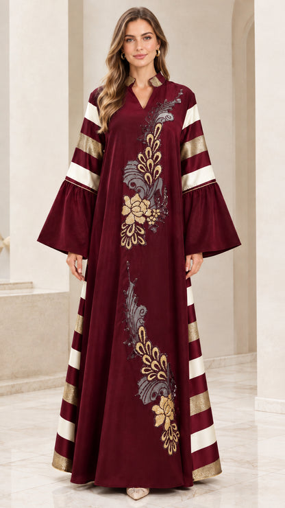 Full-length front view of burgundy long sleeve embroidered maxi gown