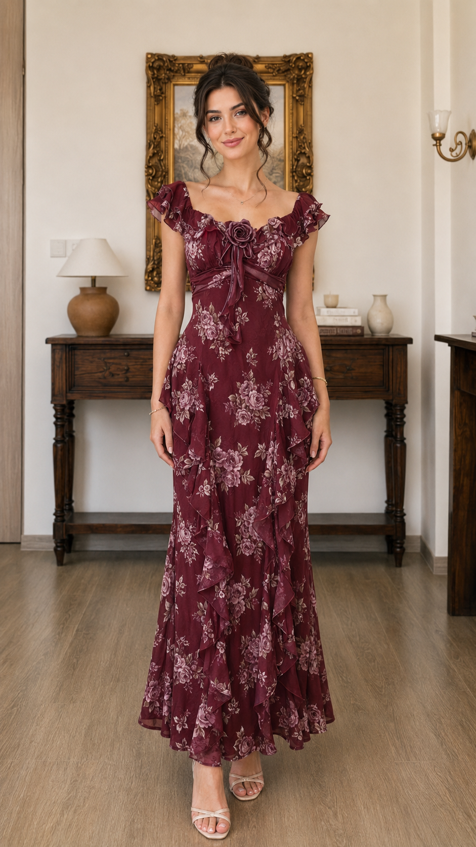 Front view of burgundy floral maxi dress with romantic ruffle trim