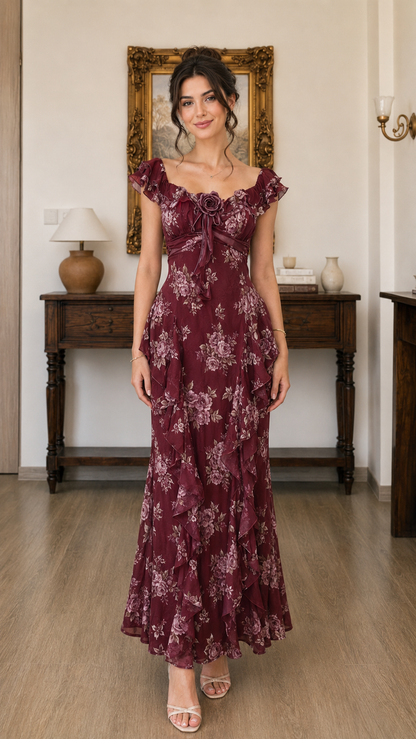 Front view of burgundy floral maxi dress with romantic ruffle trim