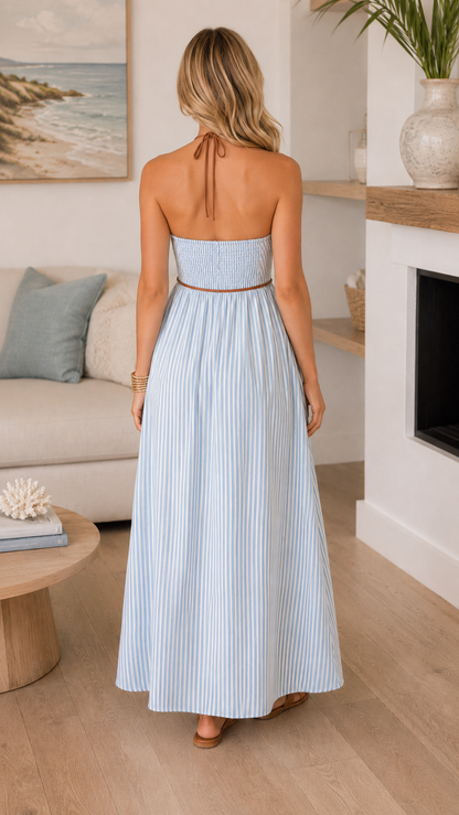 Sky blue striped halter maxi dress back view with tie neck and open back