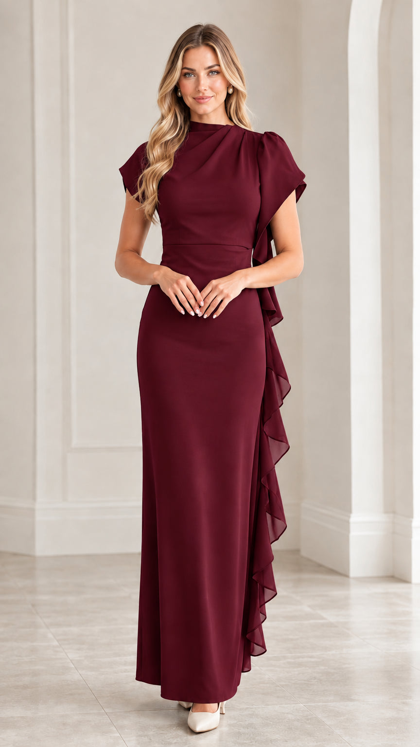 Front view of rich burgundy draped high neck ruffle evening maxi dress