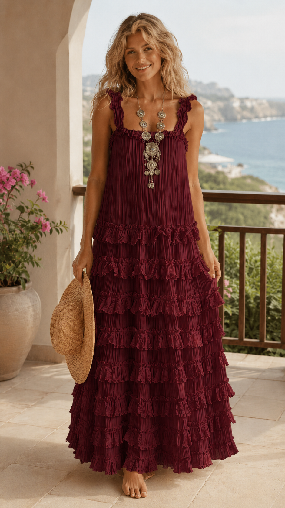 Front view of burgundy pleated ruffle tiered maxi dress