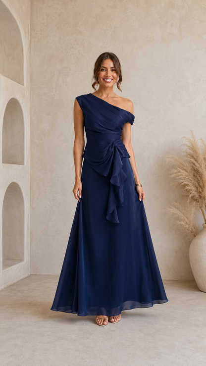 Navy one-shoulder maxi dress with asymmetrical neckline and floor-length silhouette