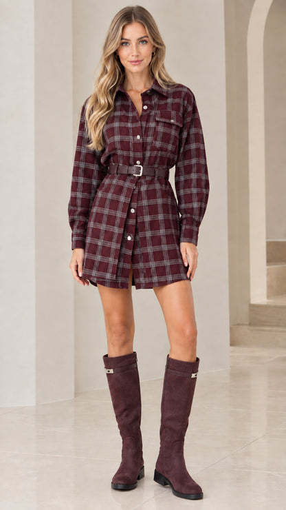 Full-length view of model wearing burgundy wine plaid long sleeve belted shirt dress