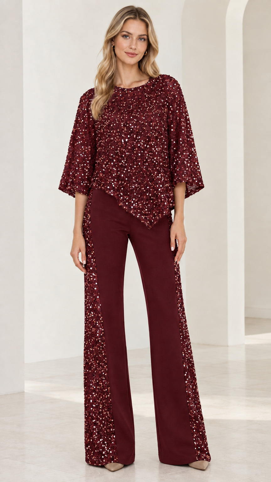 Front view of burgundy wine red two-piece formal sequined pant suit