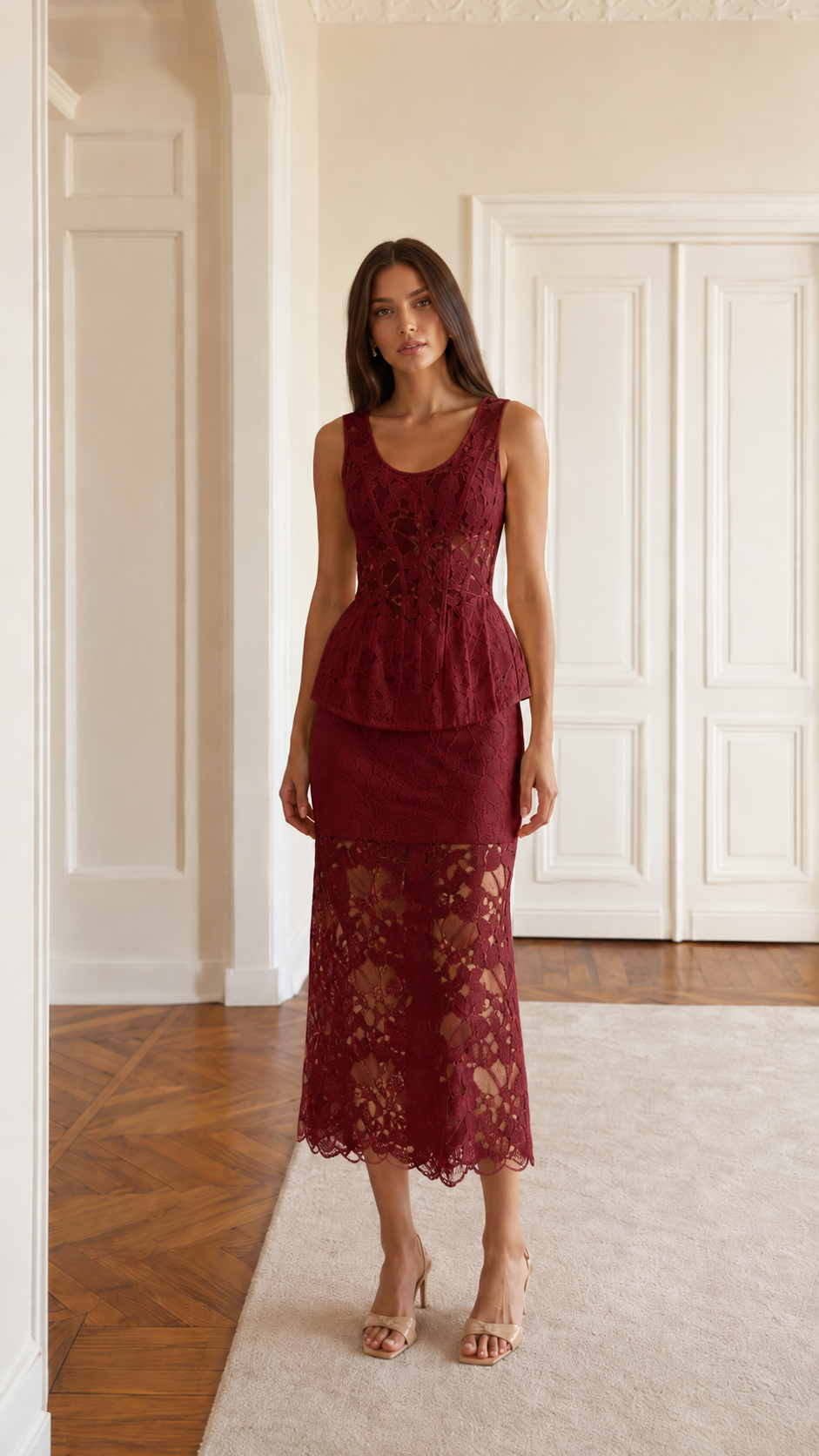 Front view of burgundy sleeveless lace peplum midi dress set