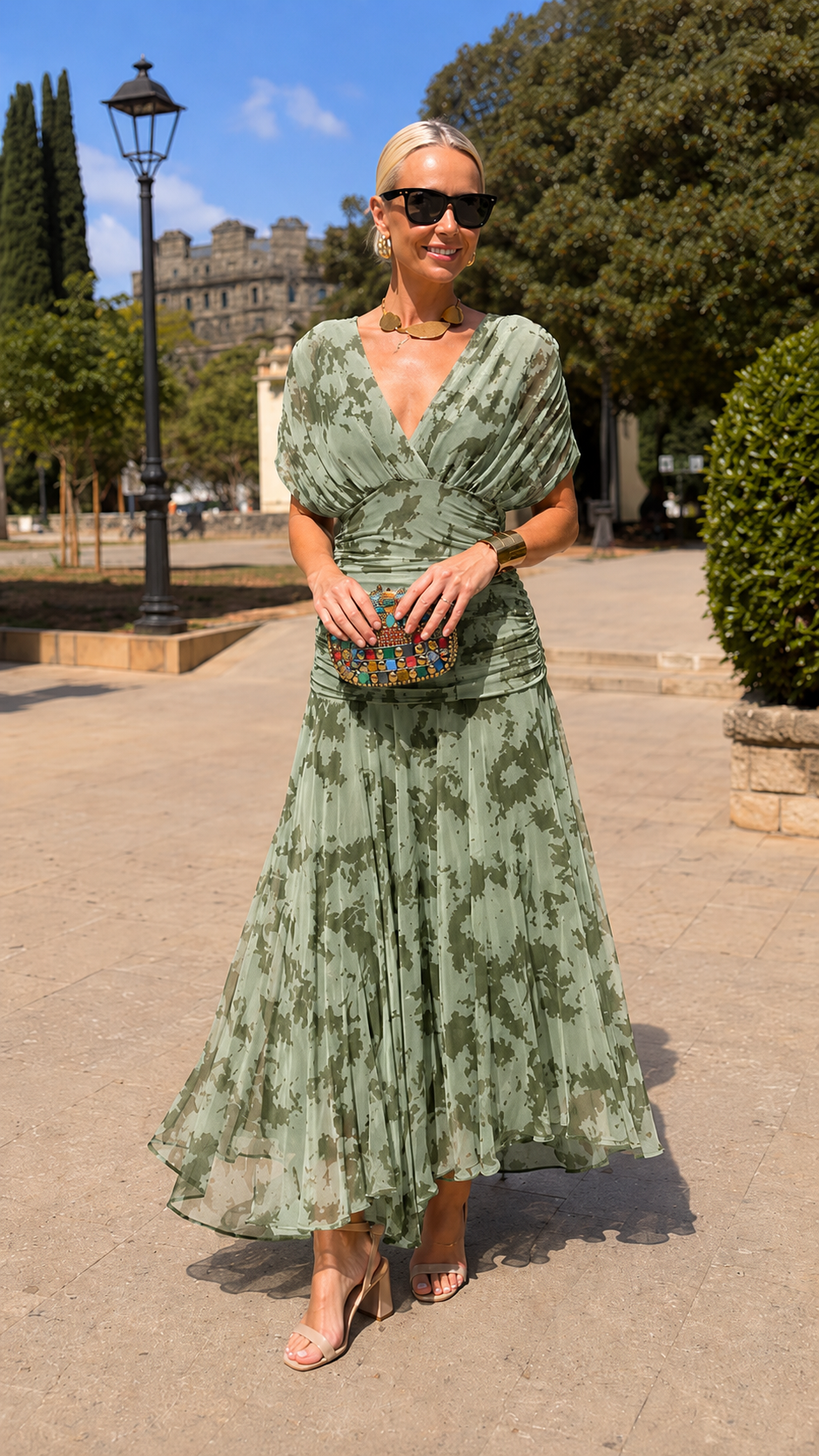 Front view of sage ruched V-neck pleated occasion dress