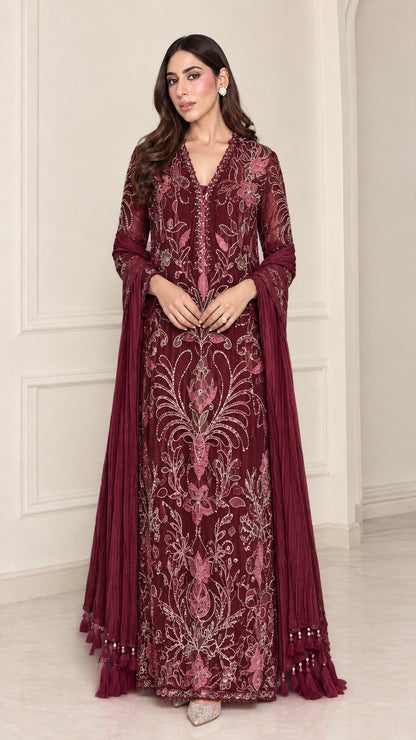Full-length view of rich burgundy embroidered formal maxi dress with matching scarf