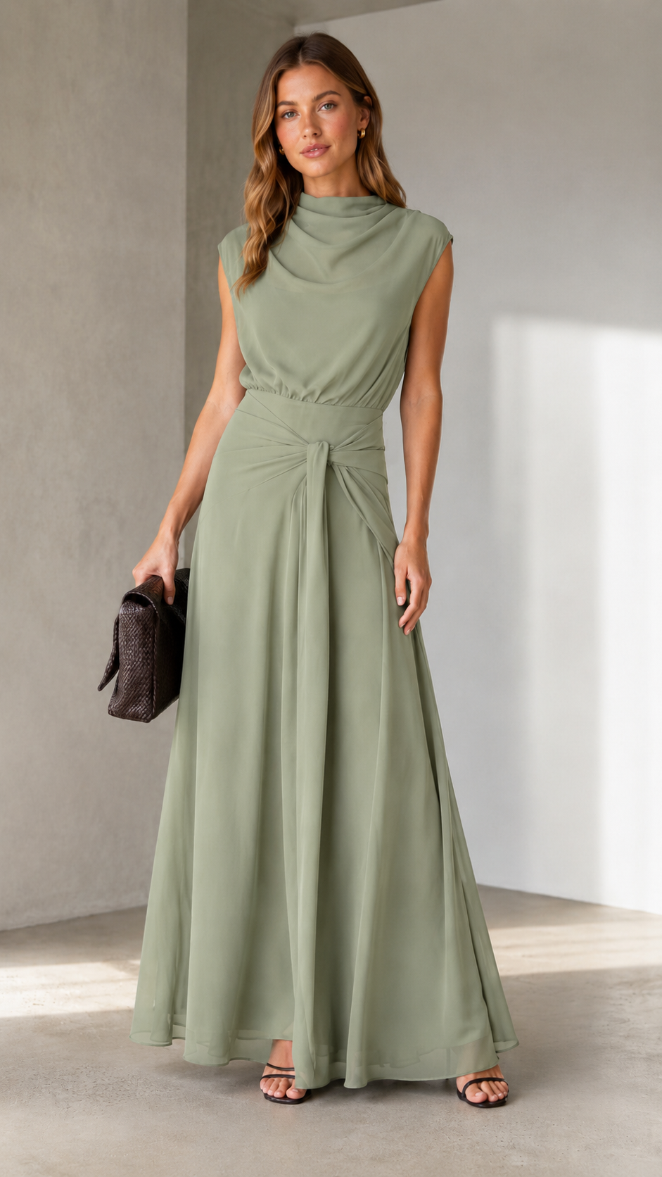 Front view of sage green draped mock neck sleeveless maxi dress with full-length skirt
