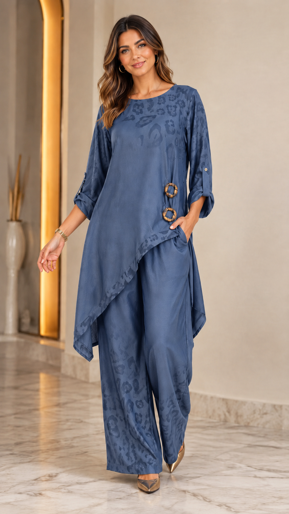 Women's dusty blue asymmetrical tunic and wide leg pants two piece set front view