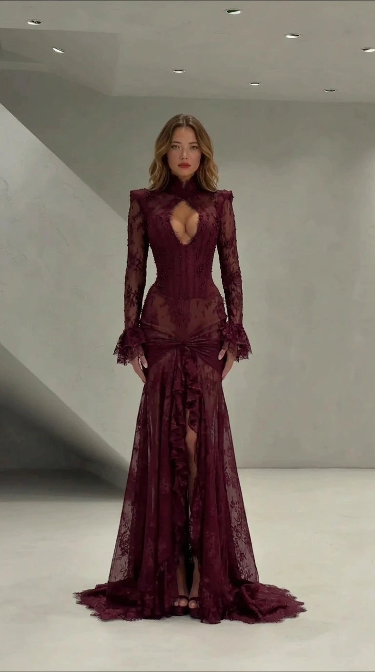 Front view of burgundy red lace keyhole corset evening gown