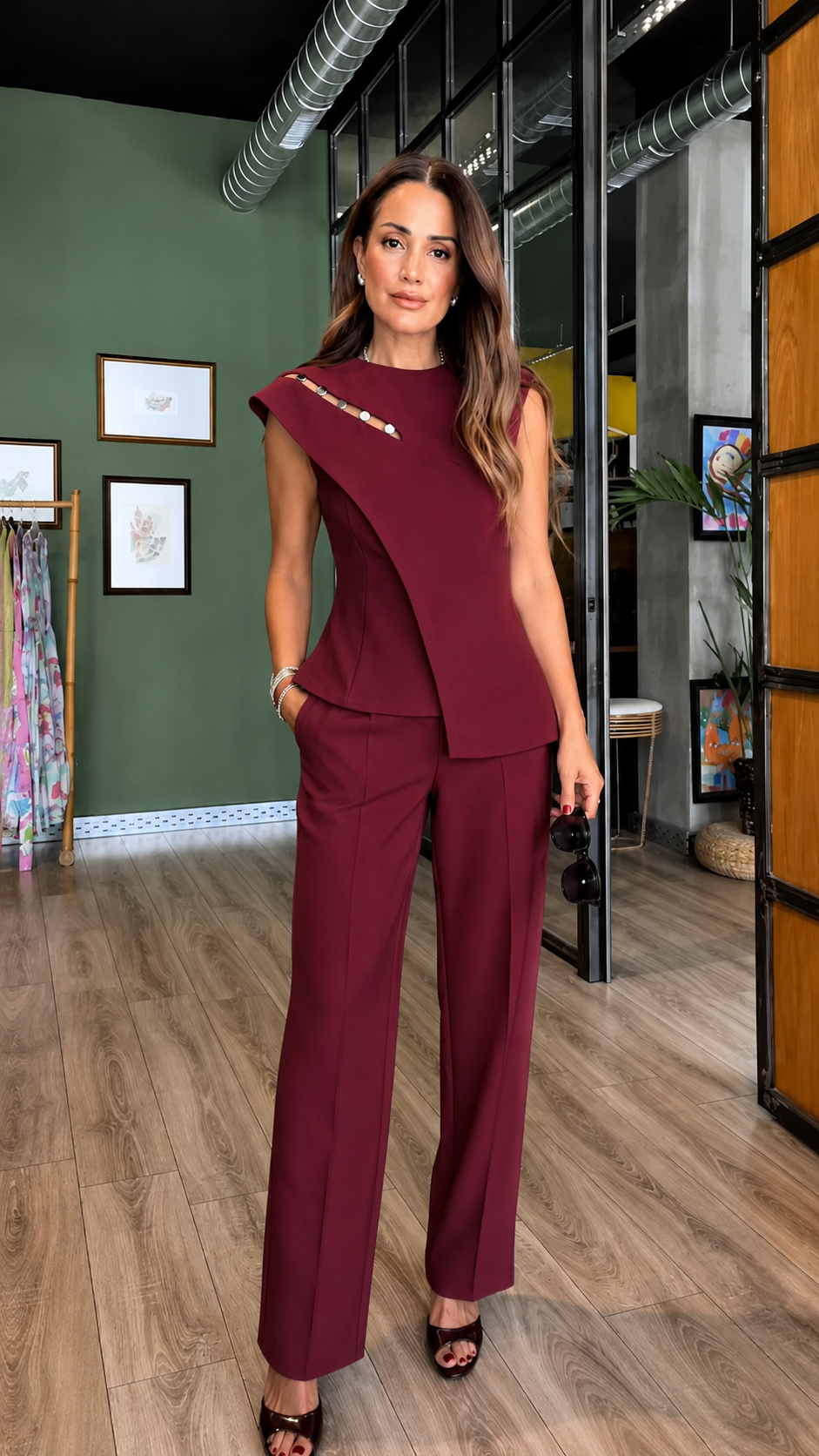 Front view of burgundy asymmetric cap sleeve top and wide leg pants set