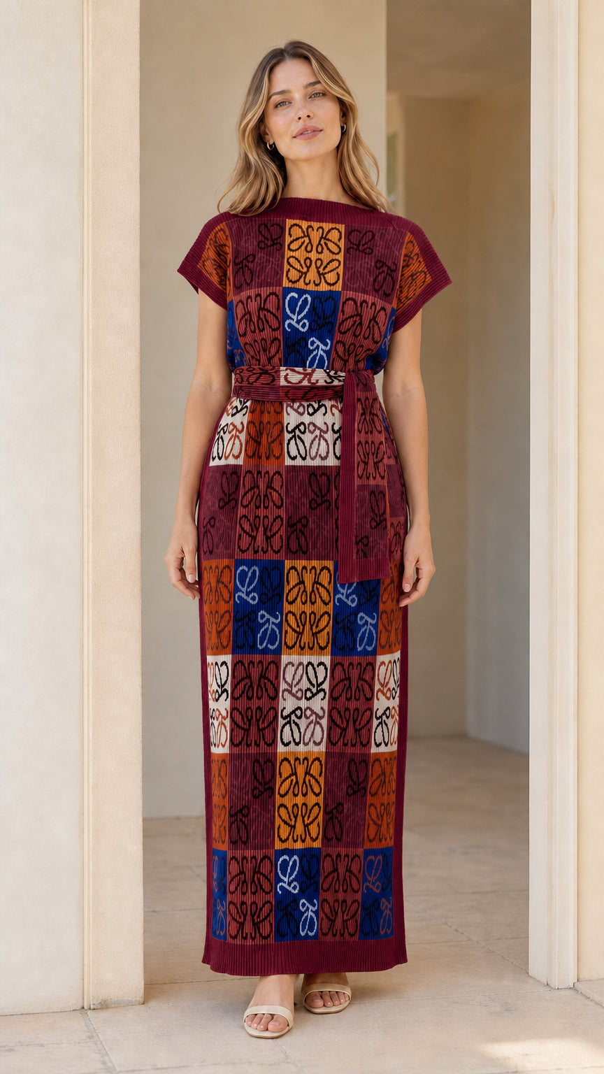Model wearing geometric jacquard knit column maxi dress in Burgundy Multi