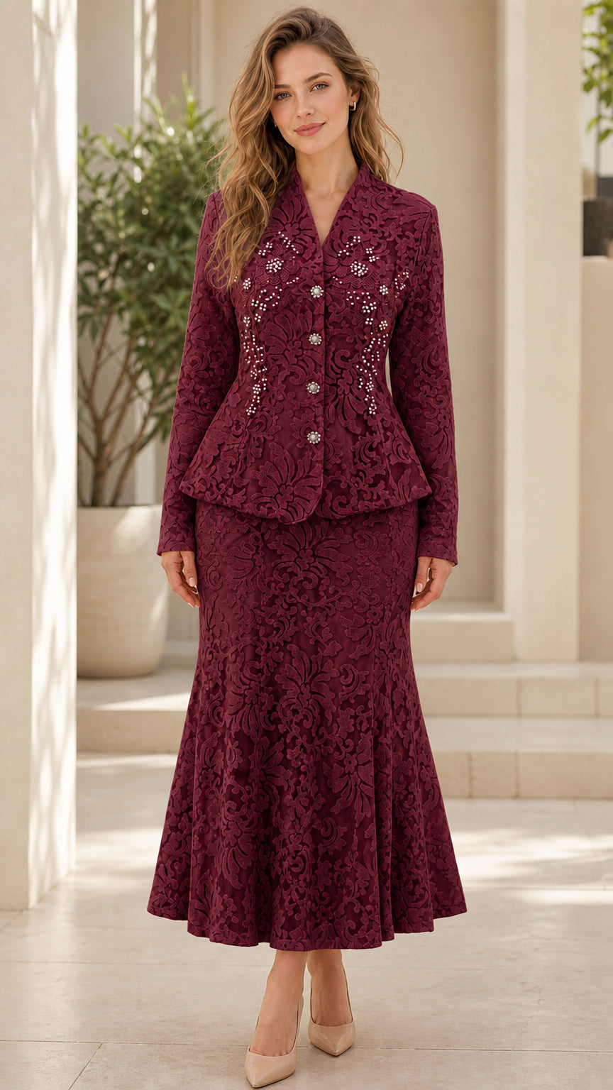 Model wearing burgundy wine red floral lace peplum suit set