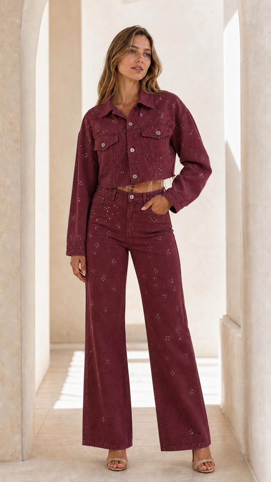 Woman wearing Burgundy rhinestone embellished cropped denim jacket and wide leg pants set