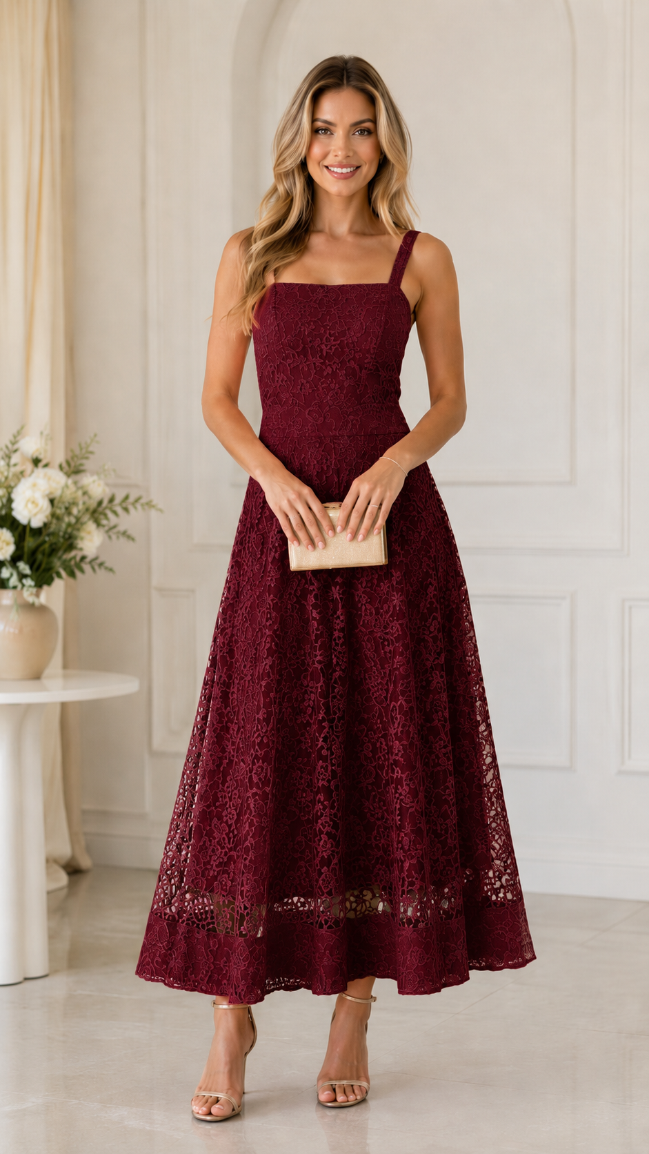 Front view of burgundy lace sleeveless occasion dress with full skirt