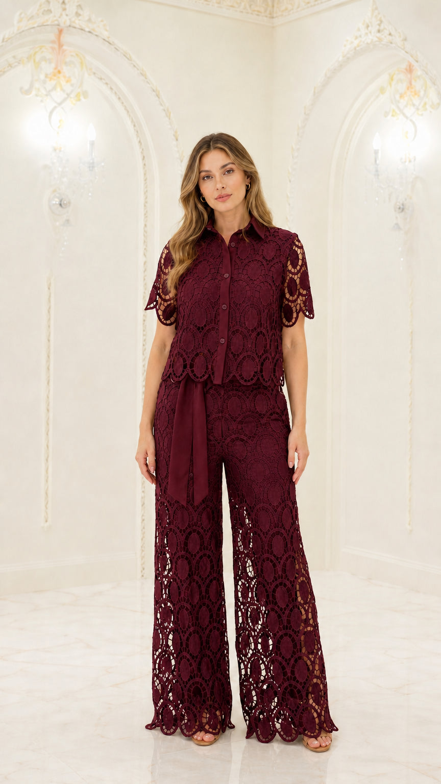 Burgundy wine red geometric lace two-piece collared shirt and wide-leg pants set