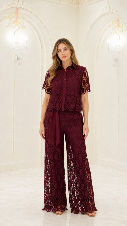 Burgundy wine red geometric lace two-piece collared shirt and wide-leg pants set