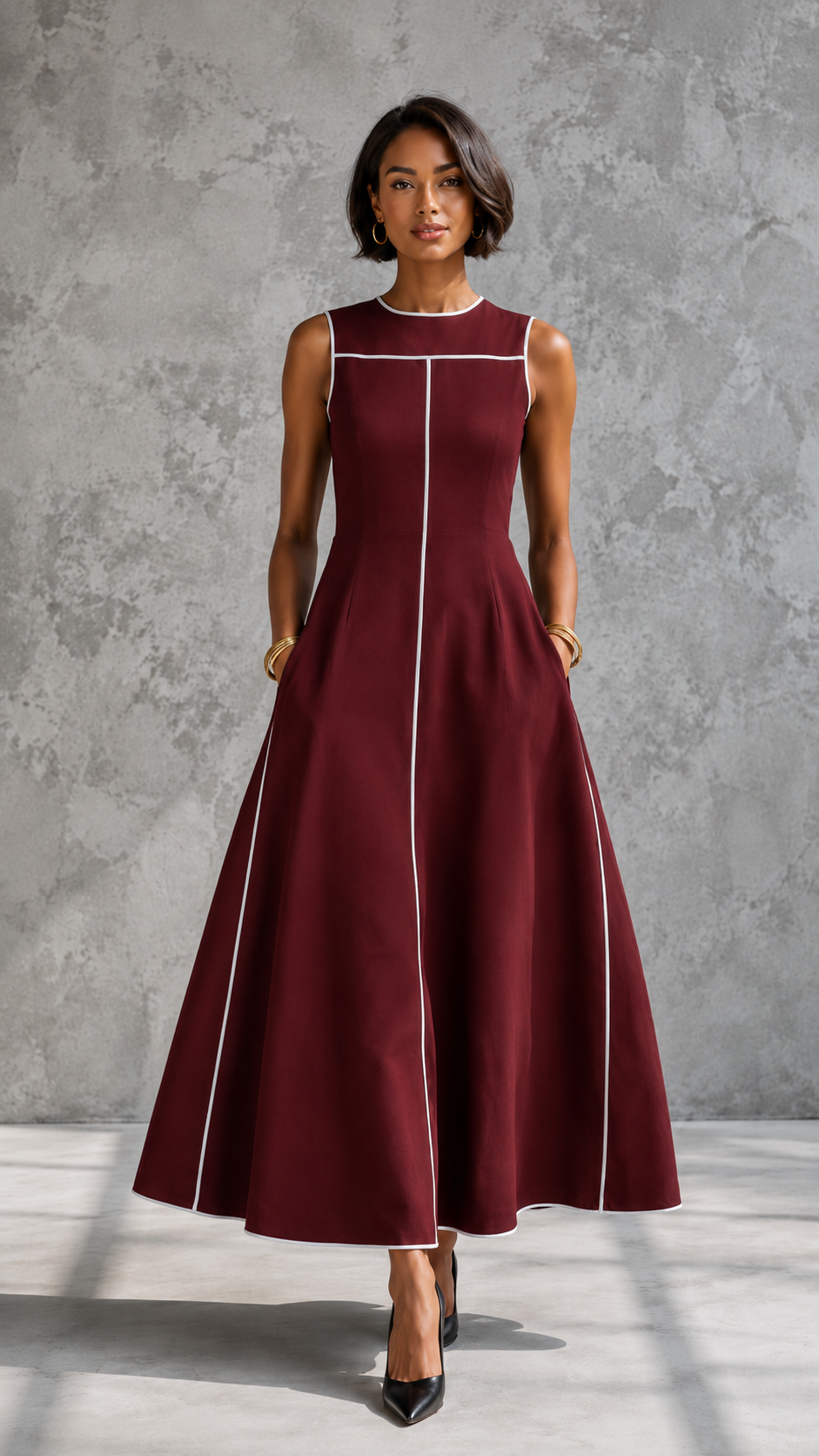 Front view of burgundy sleeveless A-line dress with contrast piping