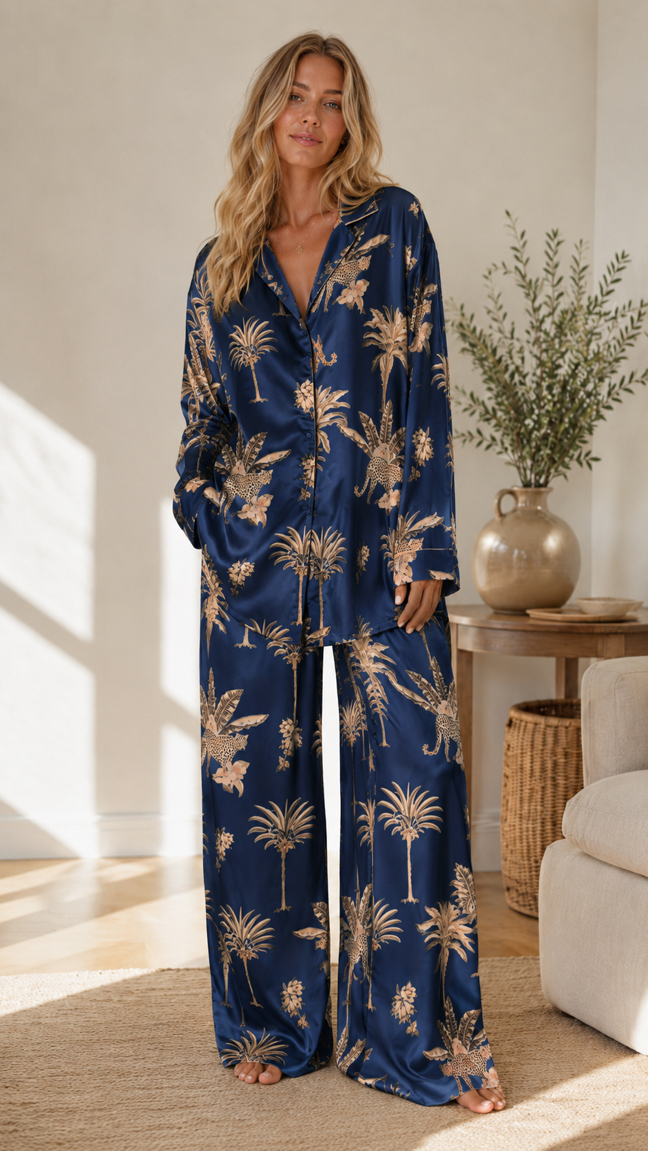 Woman wearing navy tropical print satin-look pajama set with silky shine and wide-leg silhouette