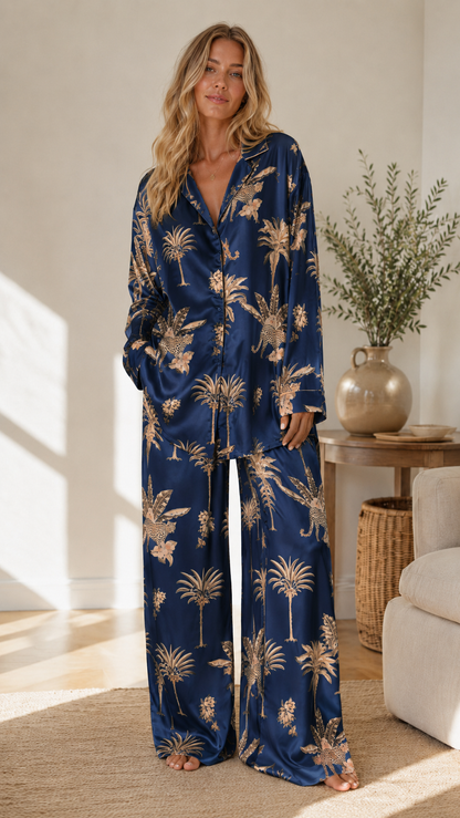 Woman wearing navy tropical print satin-look pajama set with silky shine and wide-leg silhouette