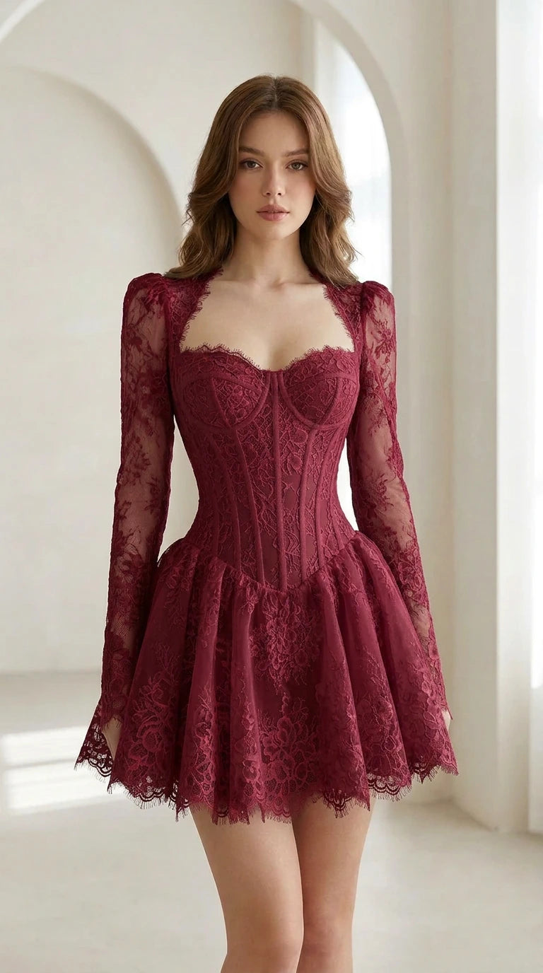 Model wearing burgundy red floral lace corset long sleeve mini dress