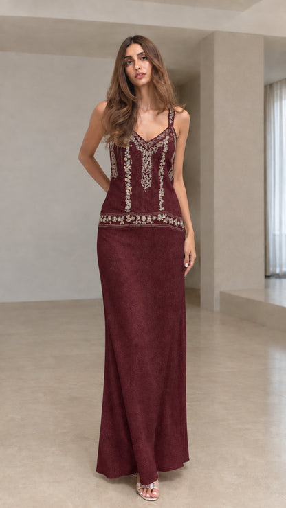 Front view of model wearing Burgundy wine beaded drop-waist evening dress