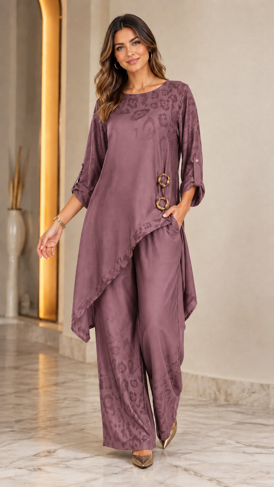 Women's mauve asymmetrical tunic and wide leg pants two piece set front view