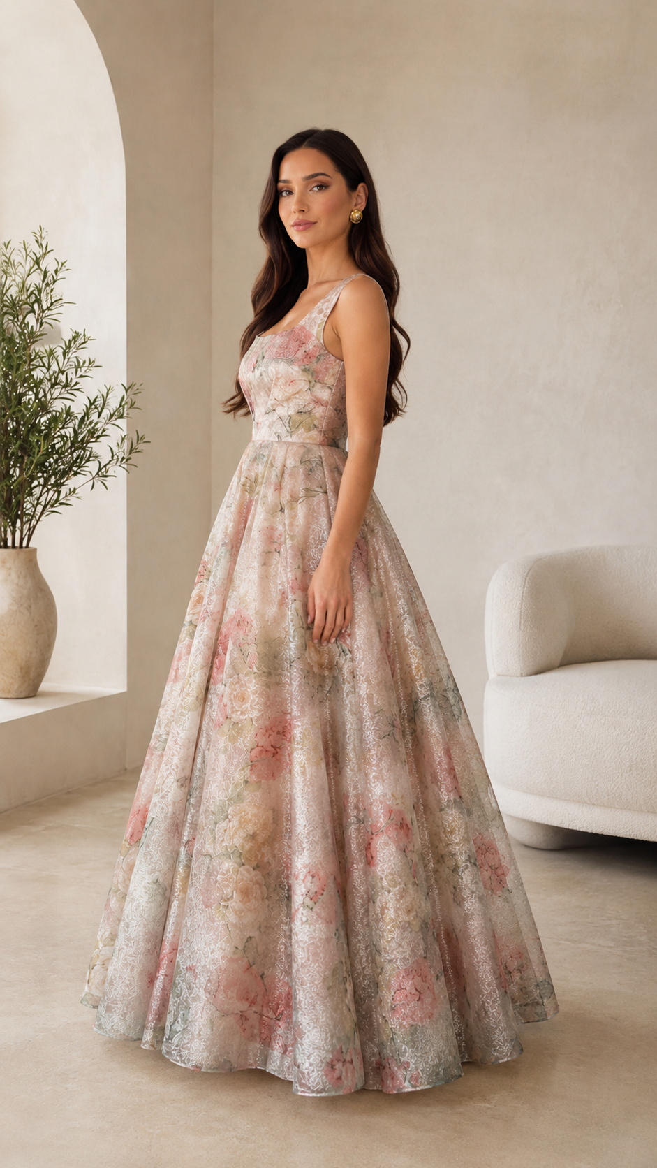 Blush floral square neck sleeveless maxi dress side view