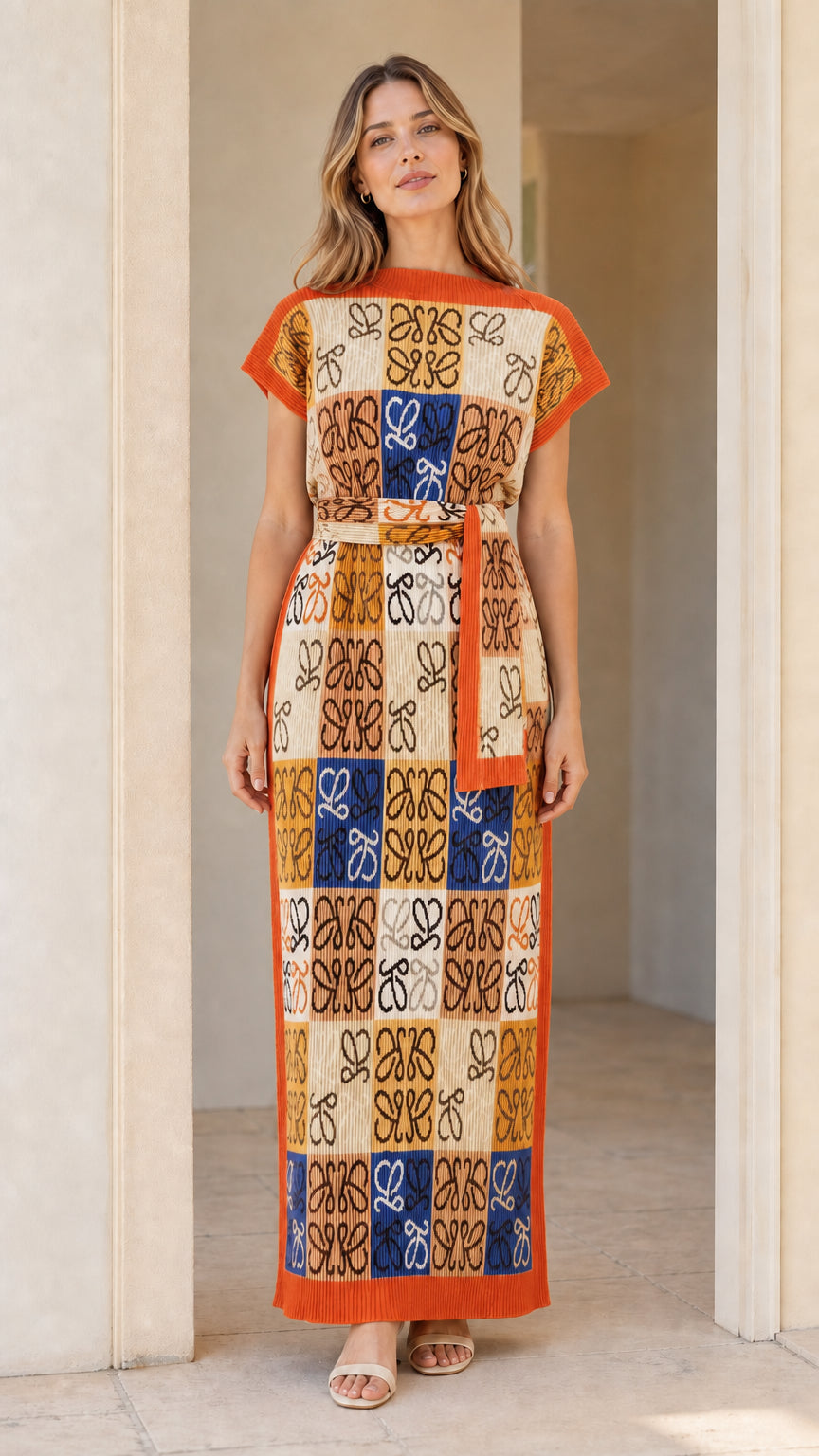 Model wearing geometric jacquard knit column maxi dress in Beige Multi