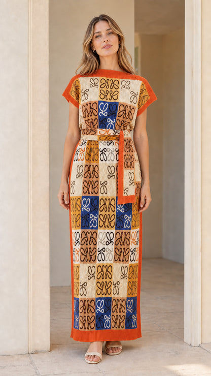 Model wearing geometric jacquard knit column maxi dress in Beige Multi