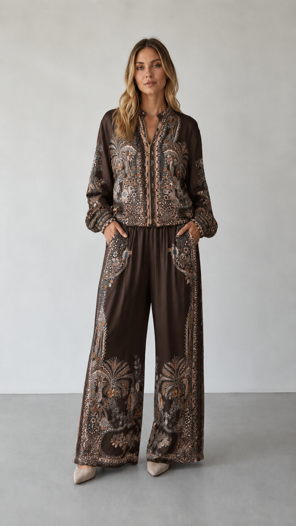 Front view of chocolate brown paisley print matching set with wide-leg pants