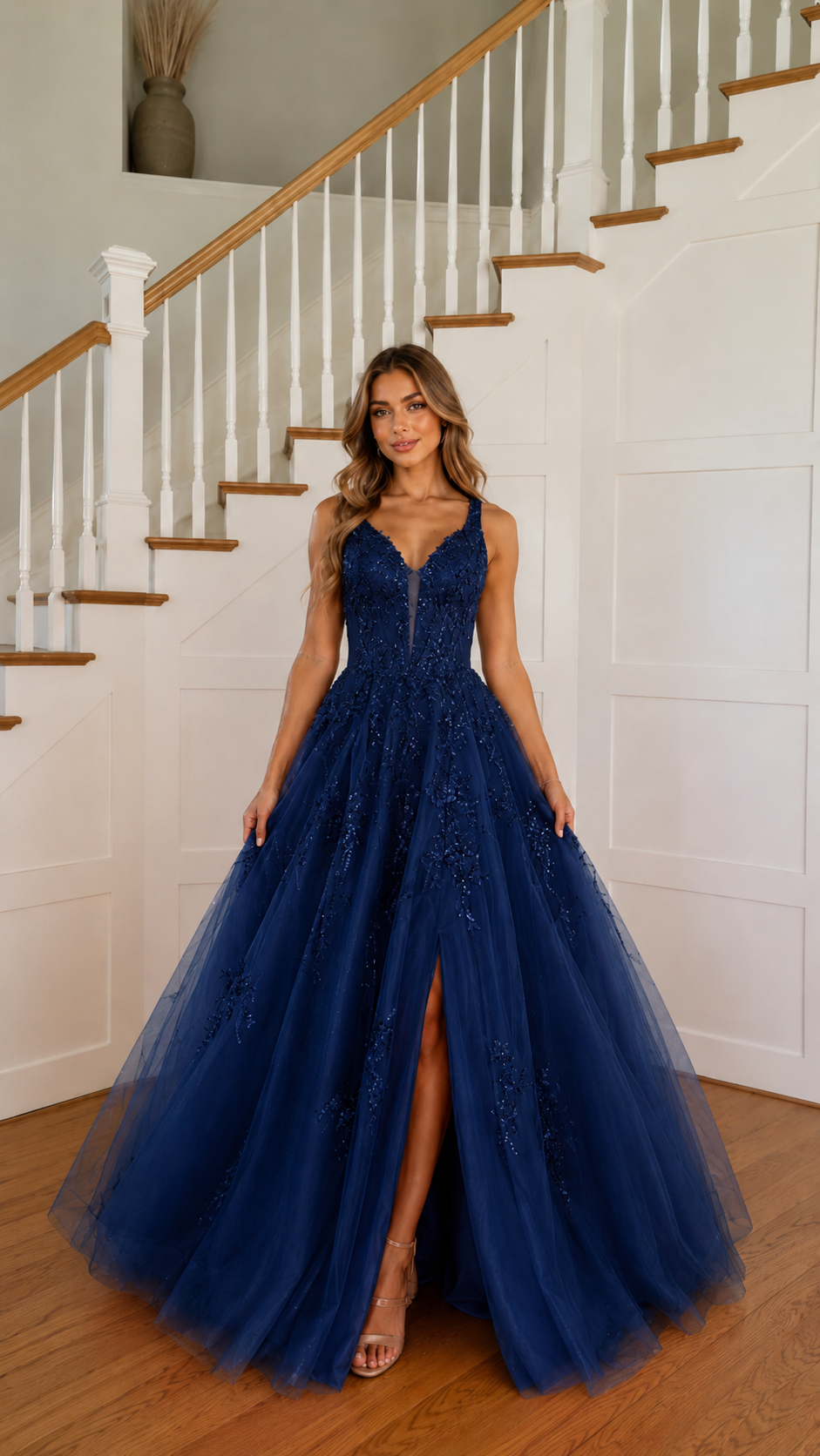 Front view of royal blue embroidered tulle ball gown with layered skirt