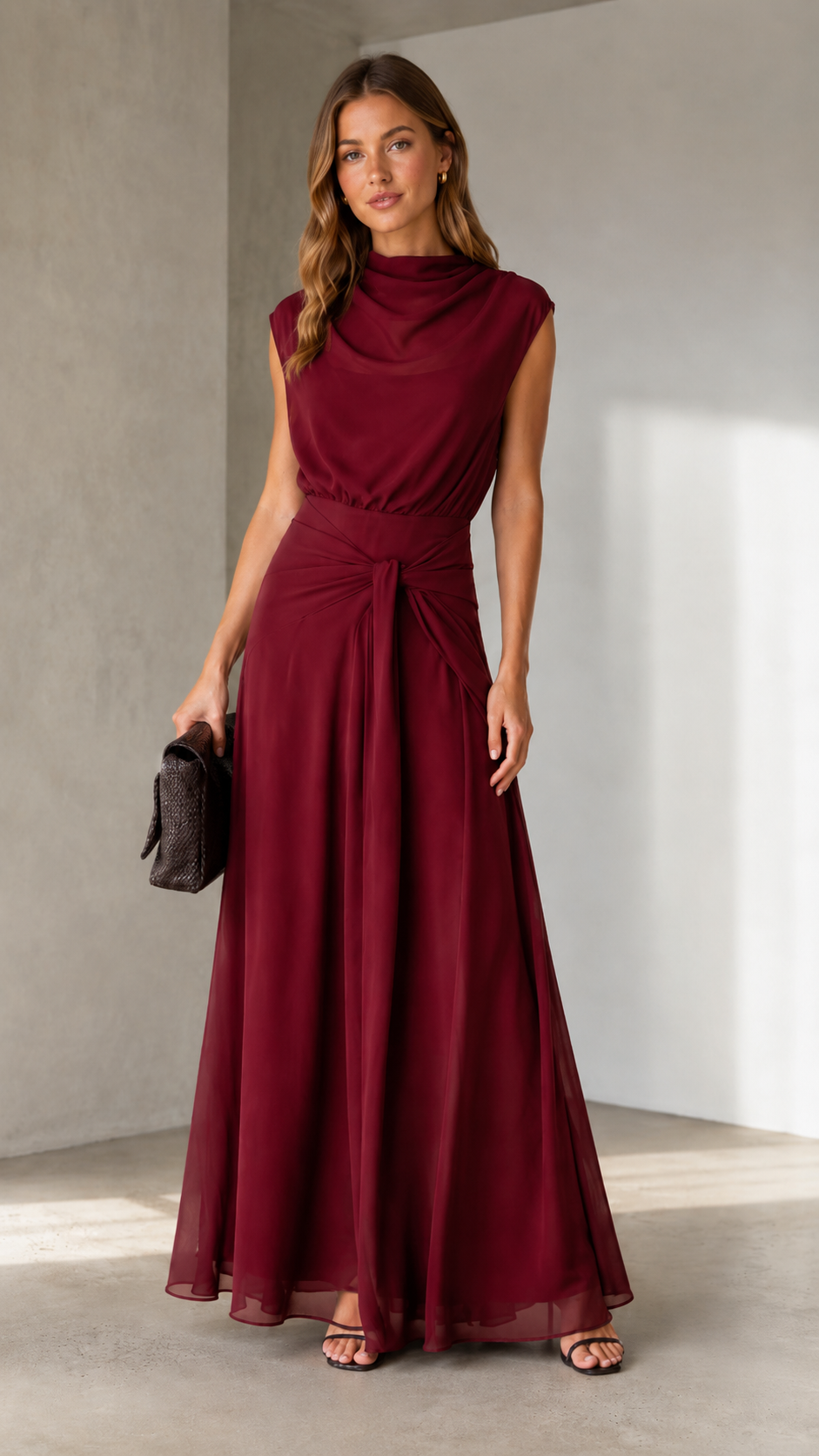 Front view of burgundy draped mock neck sleeveless maxi dress with twist waist detail