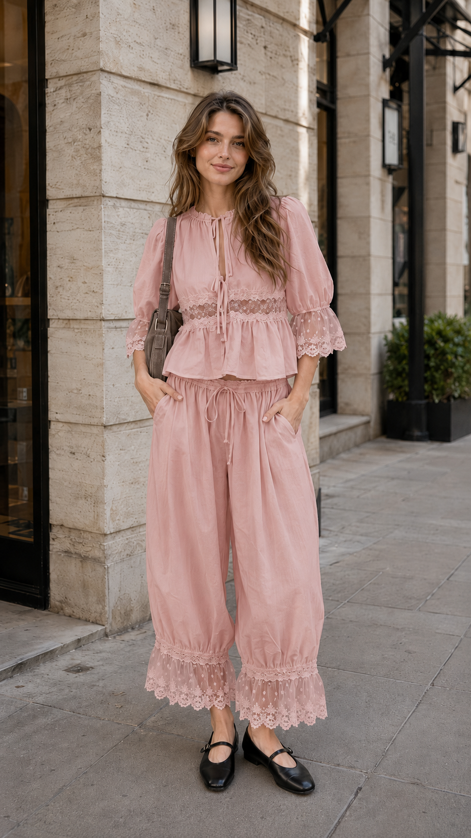 Blush pink lace trim peplum blouse and matching pants set front view