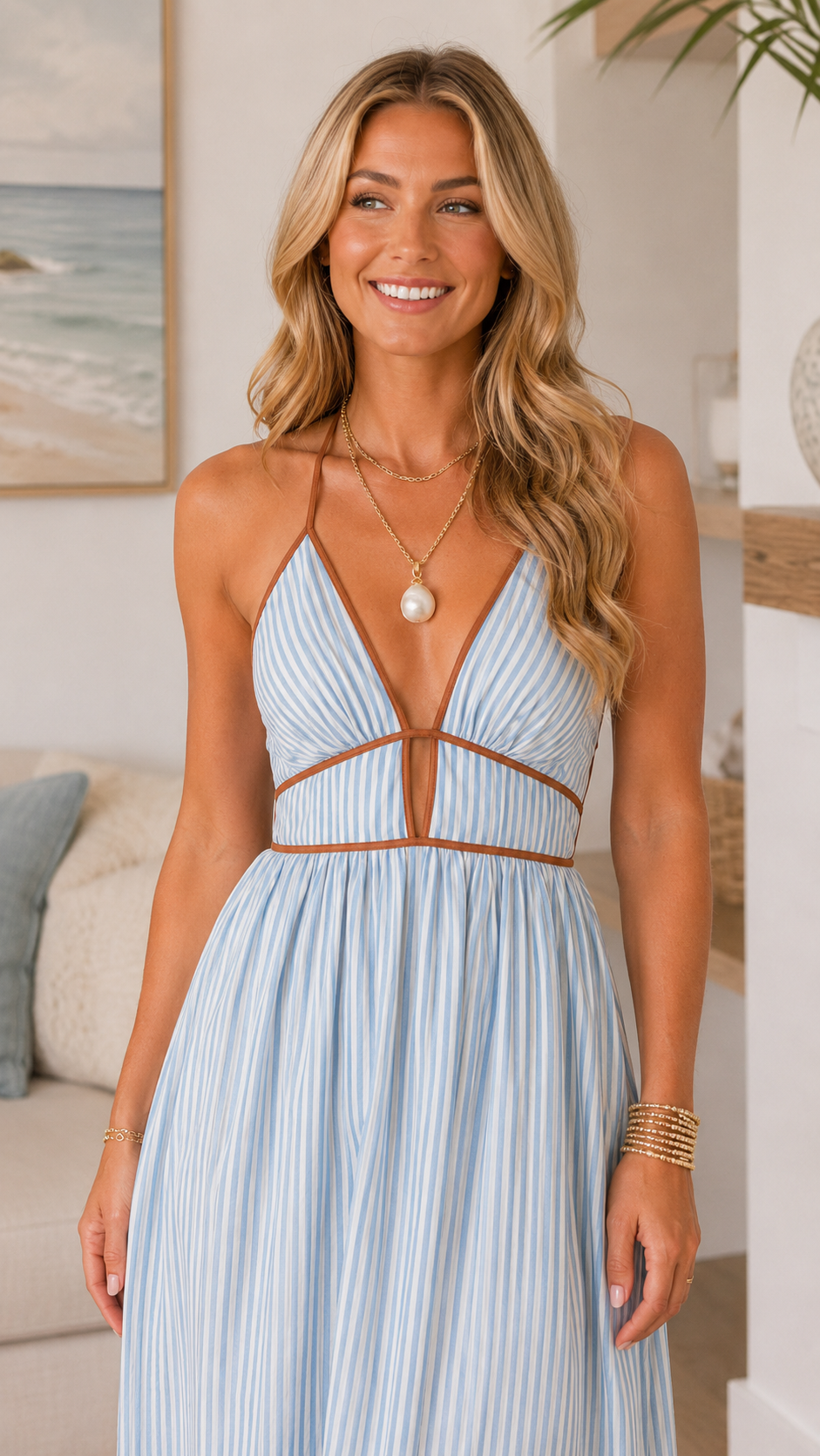 Close-up of sky blue striped halter maxi dress bodice with deep V neckline and waist cutout